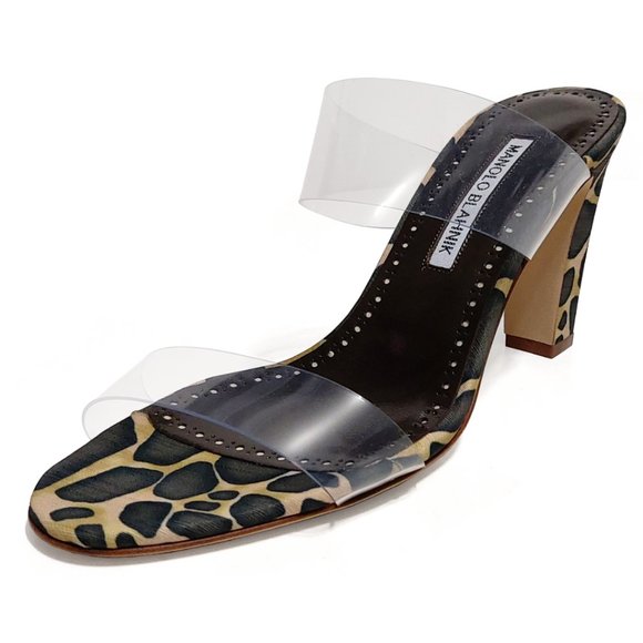 NWT Manolo Blahnik Scolto Slip-on Mules Sz 38.5 Clear ECO PVC Leopard - Picture 3 of 12